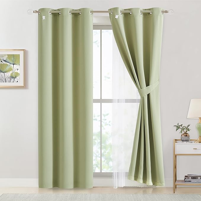 Bujasso Sage Green 90% Blackout Curtains with Sheer Overlay Mix and Match Double Layer Thermal Insulated Window Panels 84 inch Living Room Bedroom Green Drapes with Tiebacks Grommet Top 37" Wx84 Lx2