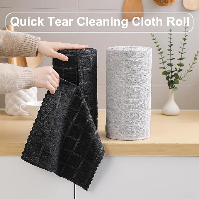 Ferdilan 80 Pack Microfiber Cleaning Cloth Roll,Lint Free Rags Paper Towels & Tear Away Reusable Towels,Washable Shop Rags,Wash Cloths Dish Rags(12" x 12") for Car Kitchen Window Garage-Black
