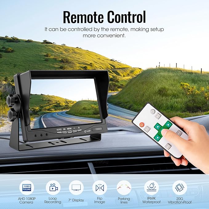 7" AHD1080P Wired Backup Camera System, DVR Rear View Camera, IP69 Waterproof IR Night Vision, 20G Vibration-Proof for Trailer/Tractor/Truck/Combine/Caravan/Skid Steer/Heavy Equipment/UTV, Y6