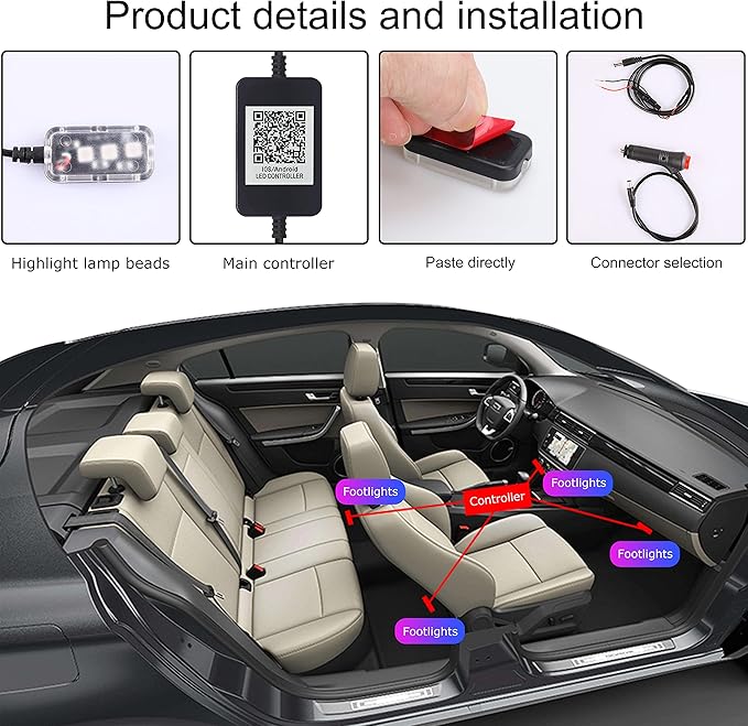 64 Colors Car Ambient Lighting Footwell RF Remote + APP Control Multicoloured Music Car Atmosphere Decorative Lighting Kit 1W DC 12V-24V