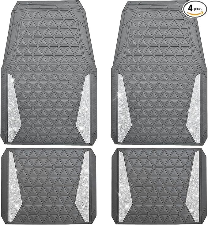 CAR PASS Bling Diamond Car Mats Gray Rubber Floor Mats Full Set Anti-Slip 3D Rhombus Waterproof Trim to Fit Liner Universal Glitter Crystal Sparkly Shining Rhinestone Girl Women SUV Sedan Van All Gray