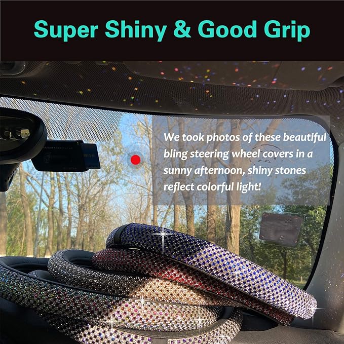 PINCTROT Bling Bling Comfy Steering Wheel Cover with Jumbo Crystal Rhinestones, Anti-Slip Diamond Leather, Universal 15 Inch (Colorful)