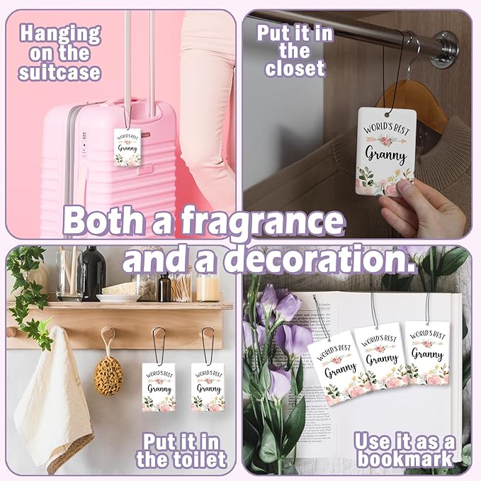 Granny Grandma Gifts Car Air Freshener Accessories 3pcs,World's Best Gifts for Granmda Christmas, Pink Flower Rustic Hanging Scent Lavender Fragrance Card for Women Closet Bathroom Home Decor
