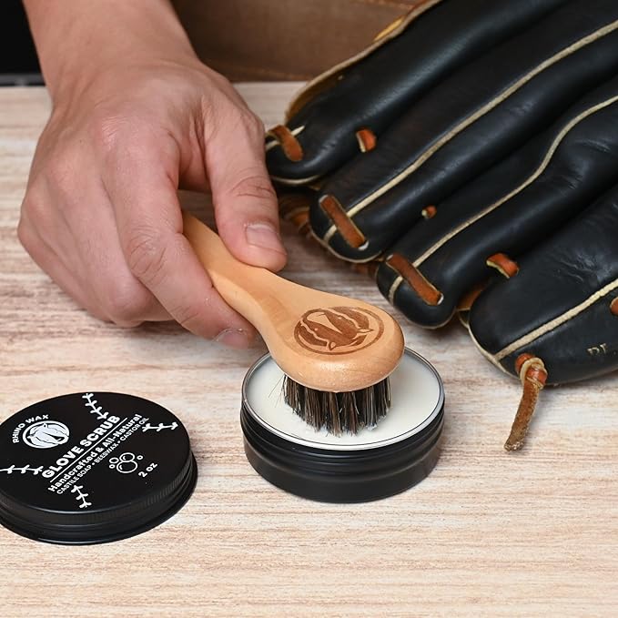 Rhino Wax - Baseball Gloves Complete Cleaning Kit - Glove Scrub for Deep Dirt Removal + Base Ball Mitt Cleaner for Gentle Routine Maintenance - Includes 2 Brushes + Microfiber Cloths - Made in the USA