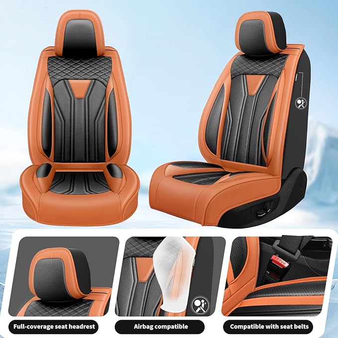 Fit Versa Car Seat Covers Compatible with Nissan Versa 2008-2025 2026 - Premium Leather， Waterproof Breathable， All-Weather Seat Cushion Protecto&Airbag Compatible (2 Front Seat Orange&Black)