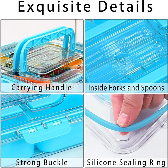 Snack Box Container with Insulated Cooler Bag, Divided Serving Tray with Lid and Handle Beach Essentials, Snackle Box Veggie Fruit Tray with 8 Compartments & 8 Forks & 2 Spoon Blue