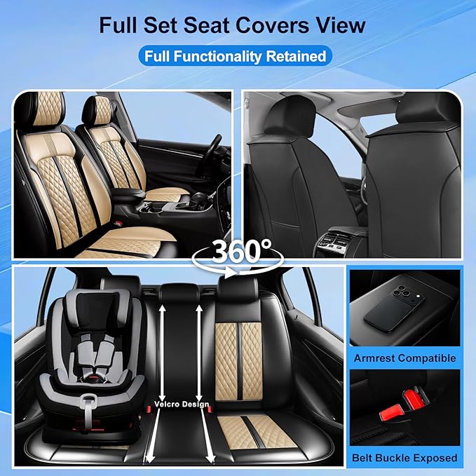 Fit RAV4 Car Seat Covers for Select Toyota RAV 4 2013-2026/RAV4 Hybrid - Premium Full Coverage Leather, Airbag Compatible, Waterproof & All Weather Seat Protector, Front Pair Black+Beige