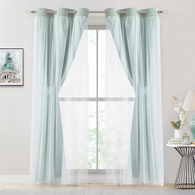 Bujasso Aqua 80% Blackout Curtains with Sheer Overlay Mix and Match Double Layer Thermal Insulated Window Panels 63 inch for Living Room Bedroom Mint Green Drapes with Tiebacks Grommet Top 37"Wx63"Lx2