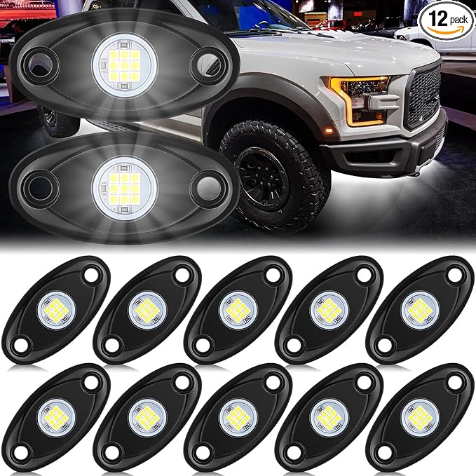 Macarrie 12 Pods Rock LED Lights for Car SUV Underglow Lights Waterproof Neon Trail Rig Lamp Lighting for Truck Motorcycle Boat ATV UTV and More(White)