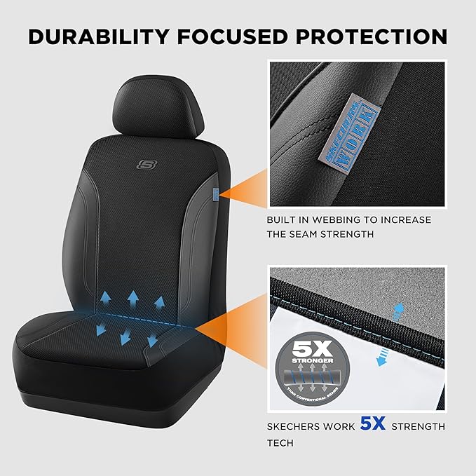 Skechers Car Seat Covers, Work Leather Seat Covers 5-Times Stronger Built-in Webbing, Oxford Fabric Front Seat Cover, Airbag Compatible, Automotive Comfort for Cars, Trucks, SUVs,Black