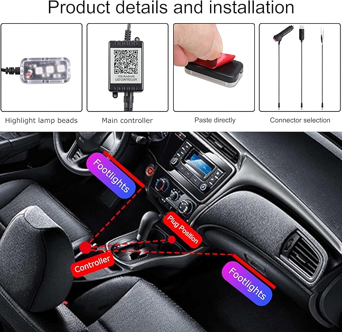 RGB Car Footwell Ambient Lighting Kit 16.7 Millions Colors Sound Active Music Sync APP Control DC Line Car Interior Multicolored Footwell Atmosphere Light
