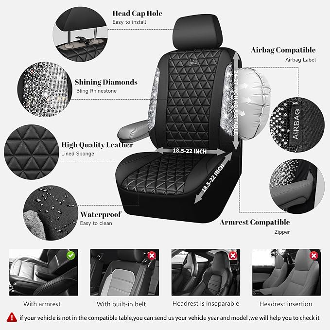 CAR PASS Bling Diamond Leather Car Seat Covers for 2 Front Interior Sets, Waterproof Shining Glitter Sparkly Crystal Universal Armrest Fit Automotive Truck SUV Cute Women Girl, Black Silver Rhinestone