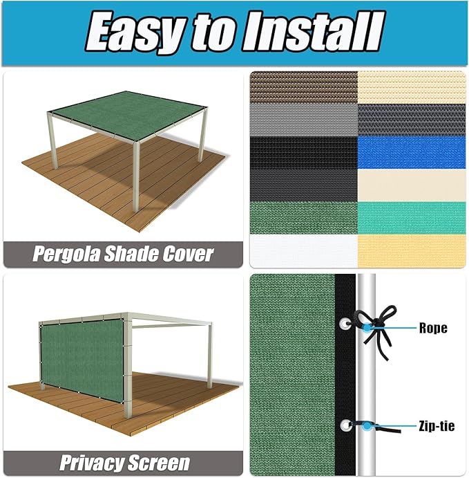 Amagenix 90% Pergola Shade Cover 7' X 7' Sun Shade Cloth with Grommets for Outdoor Garden Patio Porch, Commercial Grade 200 GSM - Cable Zip Ties Included (We Customized) GN108, Green