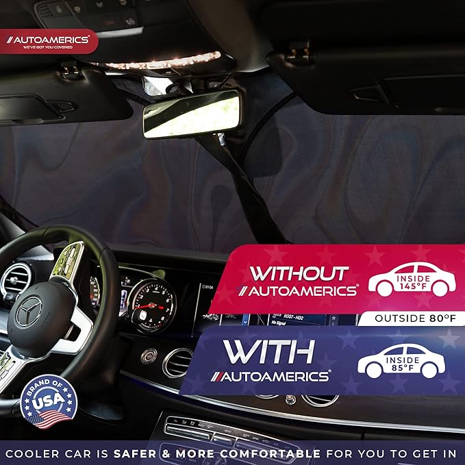 Autoamerics 1-Piece Windshield Sun Shade - Chrome Liquid Foldable Car Front Window Sunshade for Cars SUV Truck - Heat Blocker Visor Protector Blocks Max UV Rays and Keeps Your Vehicle Cool - Large