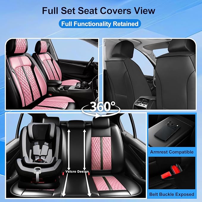 Fit Bolt Car Seat Covers for Select Chevrolet Bolt/Bolt EUV 2017-2025, Premium Full Coverage Leather, Airbag Compatible, Waterproof All Weather Seat Cushion Protector, Front Pair Black+Pink
