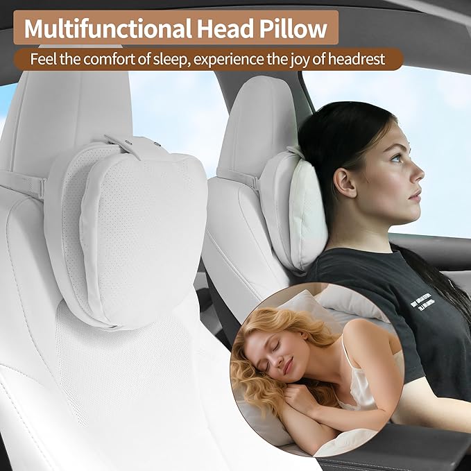 Car Headrest Pillow for Driving, Dual-Sided Leather Design Neck Pillow, Breathable Softness Neck Support, Universal Fit Head Rest Travel Pillow, White, 1 Pack