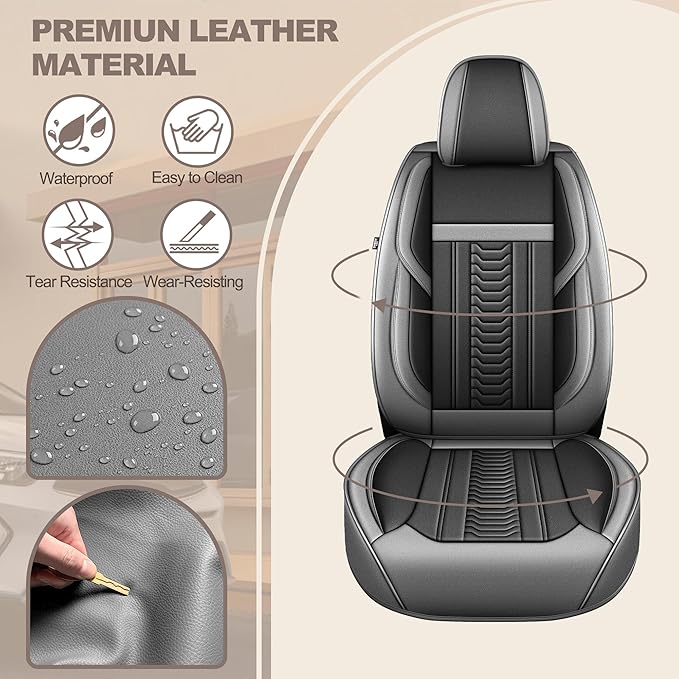 TTX LIGHTING for VW Atlas 2018-2026 Seat Covers: Waterproof Leather Seat Protector with Airbag Compatible (2 Front Seats,Black&Gray)