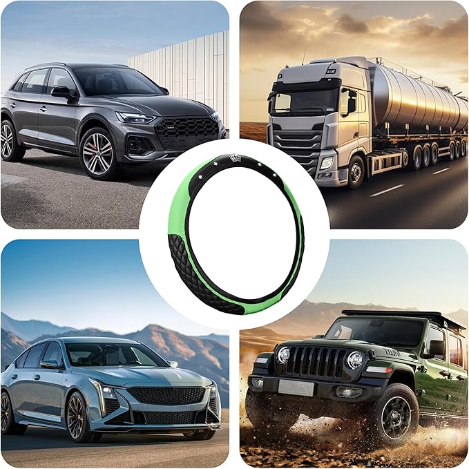 Bling Car Steering Wheel Cover, Diamond Leather Crystal Rhinestones Vehicles Steering Wheel Protector, Sparkling Anti-Slip Automotive Interior Decoration Accessories, Universal Fit (Green)