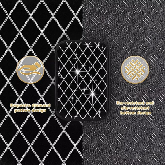 Bling Center Console Cover with 2 Side Pockets Fit for Avalon Multi-Functional Car Armrest Cushion Diamond-Studded Rhombus Pattern Style(Black&Silver Diamond)