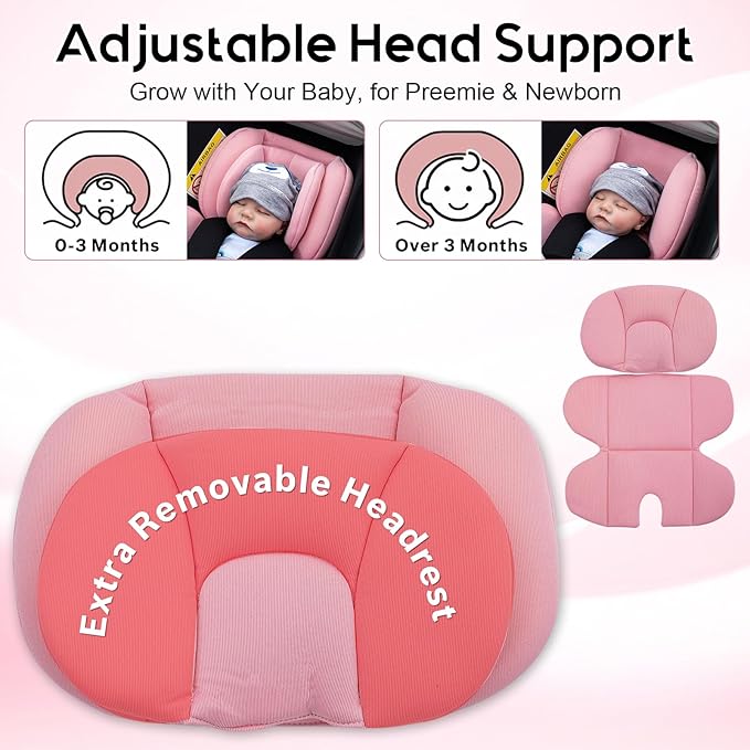 Infant Car Seat Insert with Extra Headrest for Preemie to Newborn, Thickened Baby Car Seat Head Support for Girls Boys, Adjustable Baby Car Seat Cushion with Filled Natural Spong