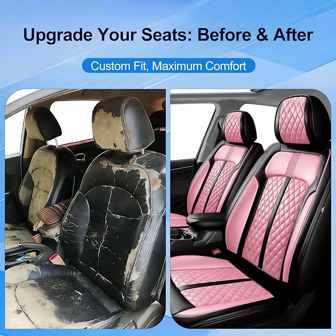Fit CX-5 Car Seat Covers for Select Mazda CX5 2013-2024 2025 2026 - Premium Full Coverage Leather, Airbag Compatible, Waterproof & All Weather Seat Protector, Front Pair Black+Pink