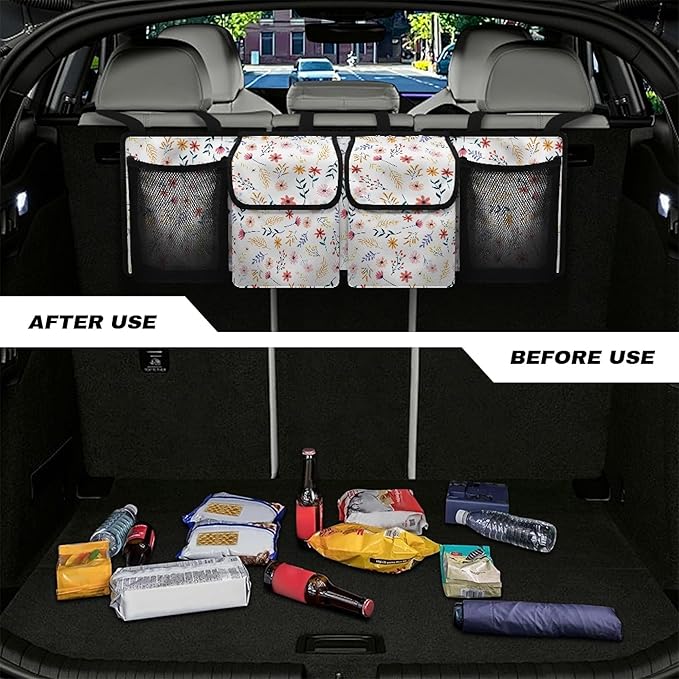 Trunk Organizer for Car Women Flower Backseat Car Organizer for SUV/MPV/Truck, Space-Saving Adjustable Trunk Storage Bag with 4 Pockets, Esay to Install