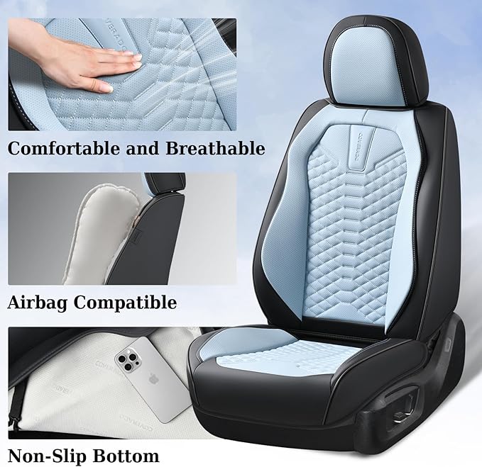 Coverado Leather Seat Covers, Car Seat Covers Full Set, Waterproof Nappa Leather Car Seat Cover, Car Seat Protectors 5 Seats, Black & Blue Automotive Seat Covers Fit for Most Cars Trucks