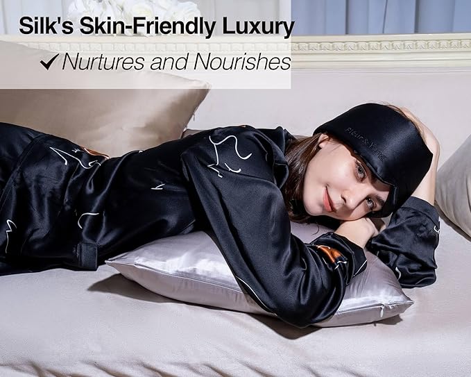 Fleur&Yang Silk Sleep Mask, Adjustable Blackout Sleeping Mask for Men Women, Soft Breathable 100% Mulberry Silk Fabric, Cooling Eye Cover Blindfold for DeepSleep or Meditation(Peaceful Black)
