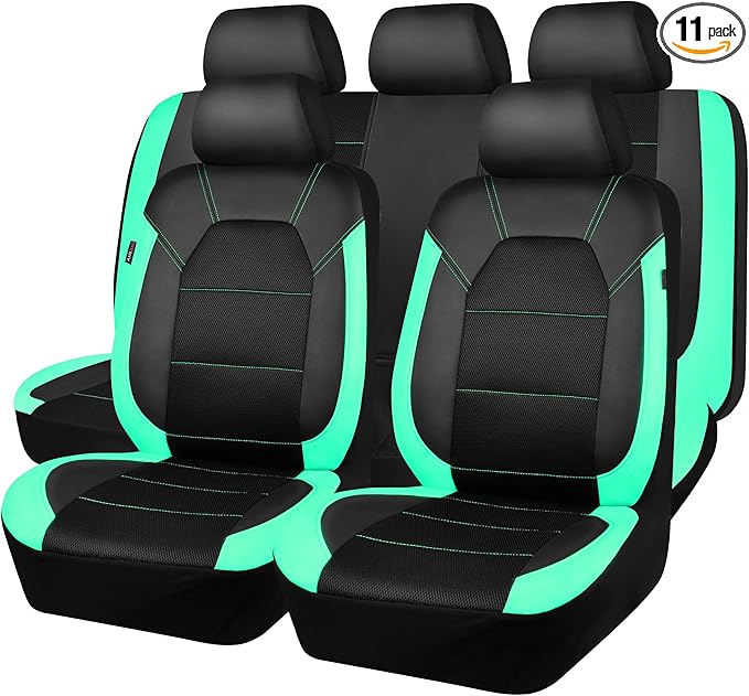 CAR PASS Leather Seat Covers, Breathable Universal Car Seat Cover Full Set for Cute Women Girly,Super 5mm Composite Sponge Inside,Airbag Compatible Fits Most Auto,SUVs,Trucks,Vans(Full Set,Black&Mint)