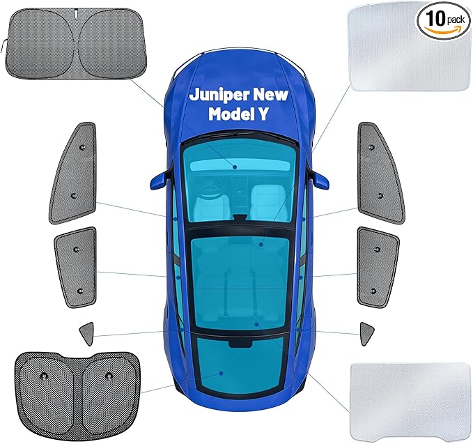 10PCS Sunshade Roof & Full Windshield Side Window for Tesla Model Y Juniper 2025-2026, Foldable Window Shades with Suction Cups, Sunroof Cover with No-Sag Design, Heat Insulation Privacy Camping