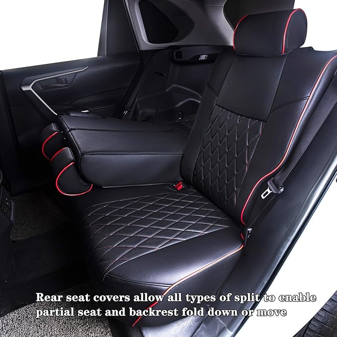 HKZ Custom Fit RAV4 Hybrid Car Seat Covers Set for 2019 2020 2021 2022 2023 2024 2025 Toyota RAV4 Hybrid Model Only LE,XLE,Limited,Woodland Edition,XLE Premium- 5 Seats Full Set Leather(Black&Red)