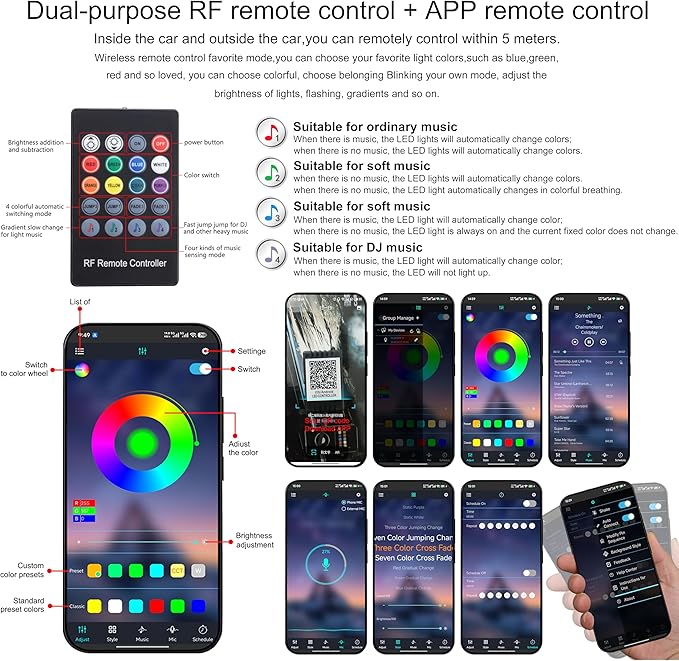 Car Interior Strip Lights, 4 in 1 Multicolor RGB Car Ambient Lighting Kit, 5m Fiber Optic EL Neon Tube Light, DIY Mode Music Sync RF Remote Control + APP Control DC 12V