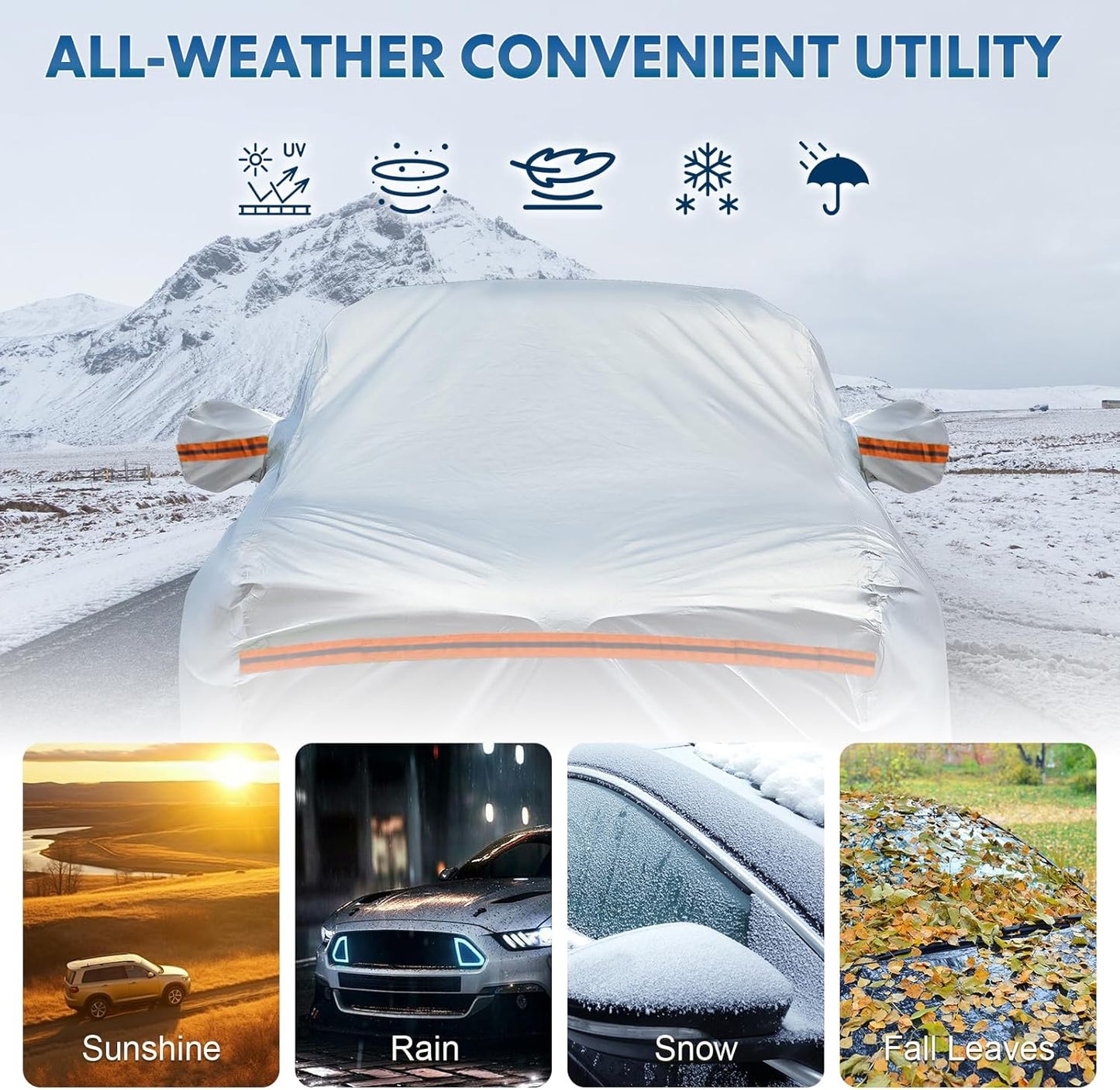 KEYOOG Fit for 164"-178" Length SUVs, 6-Layer Full Car Cover is All-Weather Waterproof, Universal in All Seasons, Snow Prevention, Rainproof, Acid Rainproof, Sunscreen, Orange Reflective Strip