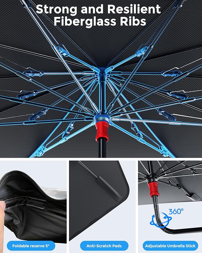 DMJN Umbrella Windshield Sun Shade - Medium, Car Sunshade for Front Windshield [Nano Ice-Crystal Coatings] UPF50+ Heat & UV Block, Protect Interior & Keep Cooler Universal for Car, SUV, Truck