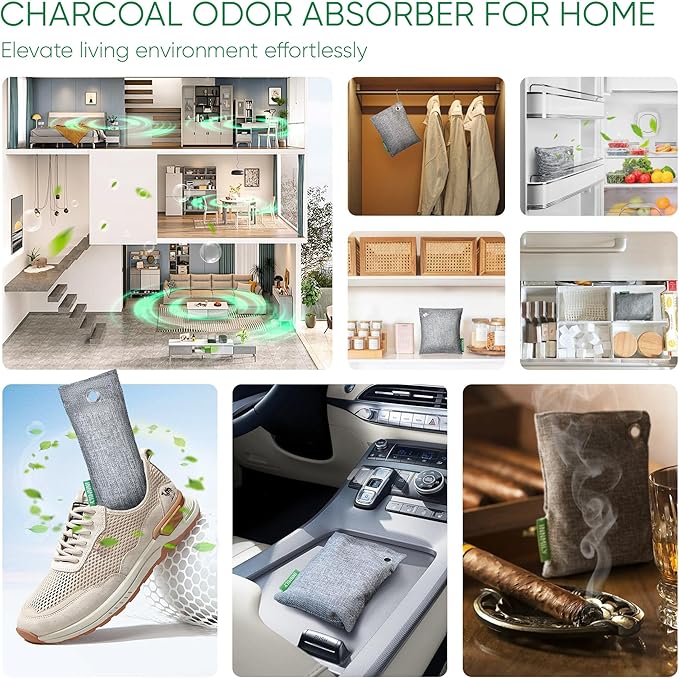 Activated Charcoal Odor Absorber,Large 4x500g w Hooks Nature Odor Eliminator for Strong Odor,Bamboo Charcoal Air Purifying Bags,Moisture Absorbers for Fresh Home Car Closet Pet,Smoke Room Deodorizer