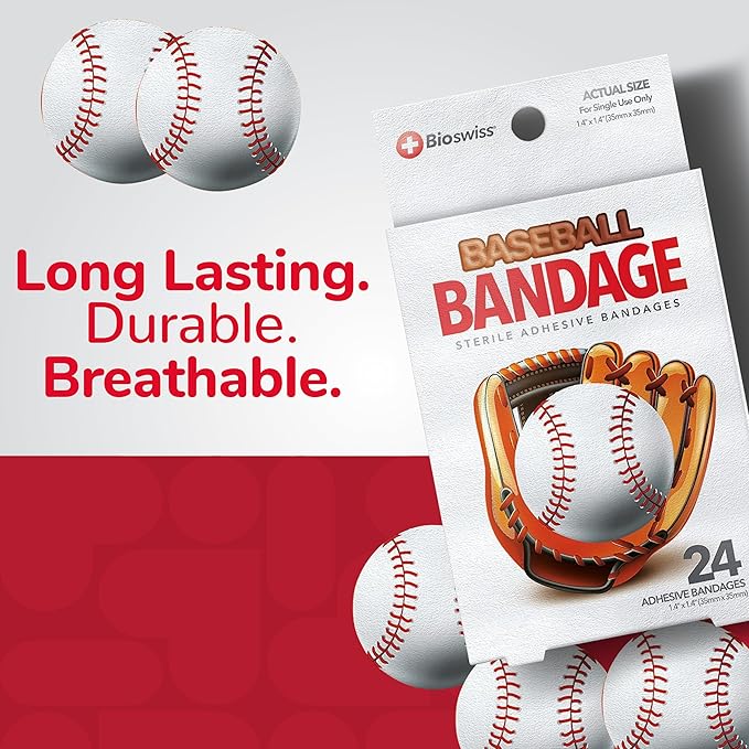BioSwiss Bandages, Baseball Shaped Self Adhesive Bandage, Latex Free Sterile Wound Care, Fun First Aid Kit Supplies for Kids, 24 Count