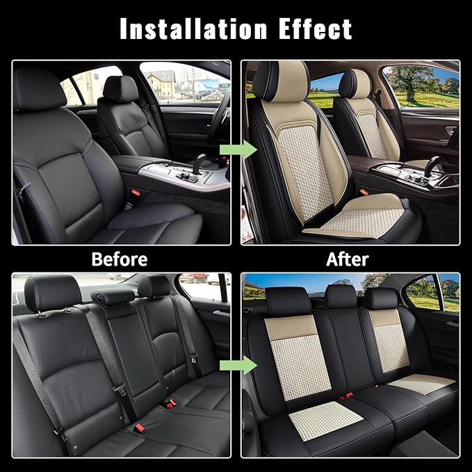 Car Seat Covers Full Set for Hyundai Santa Fe 2007-2024 2025 2026 - Breathable Cooling Ice Silk Leather Seat Cover - 5 Seats Vehicle Seat Cushion (Black&Beige)