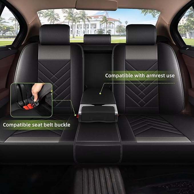AOMSAZTO Full Set Seat Covers Fit for VW/Volkswagen Tiguan 2009-2026: 2 Row 5 Seats Faux Leather Waterproof Seat Covers Automotive Seat Cushion Protector(Black&Grey)