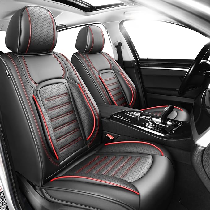 Fit HRV Premium Leather Car Seat Covers Compatible with Honda HRV 2016-2026, Breathable, Wear Resistant, Airbag Compatible, All-Weather Protection & Full Coverage, 2 Front Seat Red Line Black