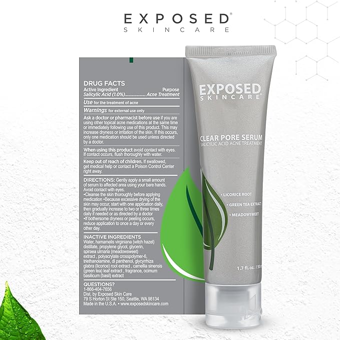 Exposed Skin Care, Clear Pore Serum with 1% Salicylic Acid for Sensitive and Oily Skin – Gently Clears Blackheads, Minimizes Pores and Reduces Excess Oil – Natural, Non-toxic and Cruelty Free