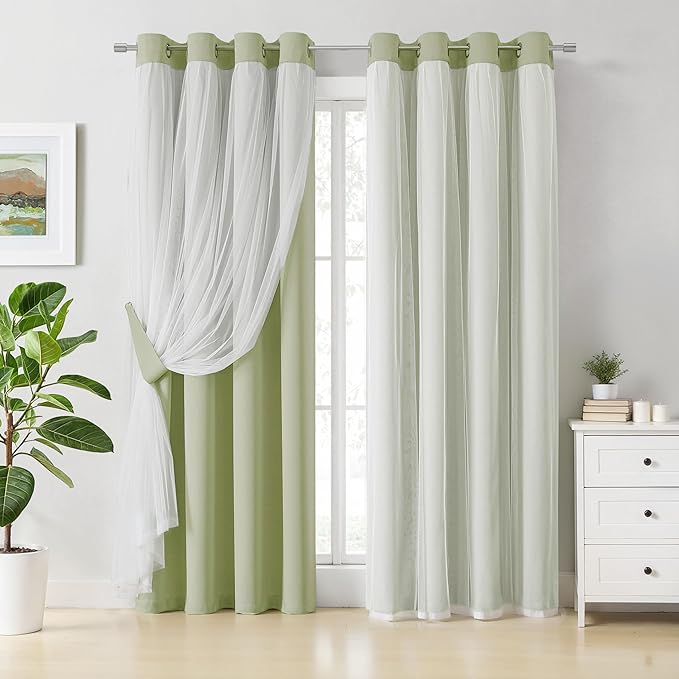Bujasso Sage Green Blackout Curtains with Sheer Overlay Mix and Match Double Layer Thermal Insulated Window Panels 63 inch for Living Room Bedroom Green Drapes with Tiebacks Grommet Top 54" Wx63 Lx2