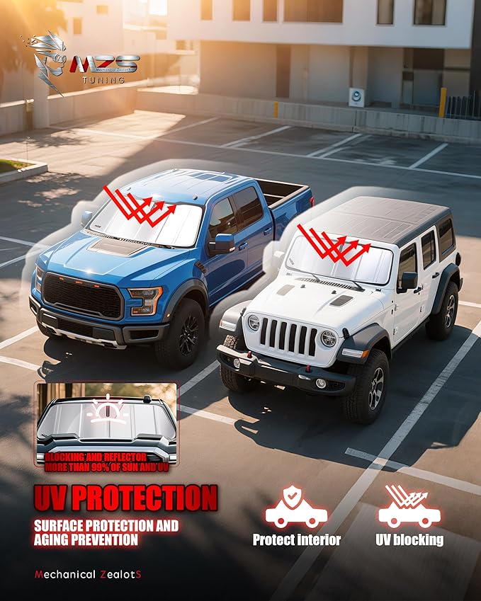 MZS Windshield Sun Shade Compatible with Mustang 2024 2025 2026, Foldable Car Sun Shade Shield with Storage Pouch, Front Window Visor Sunshade Accessories for Interior Protector