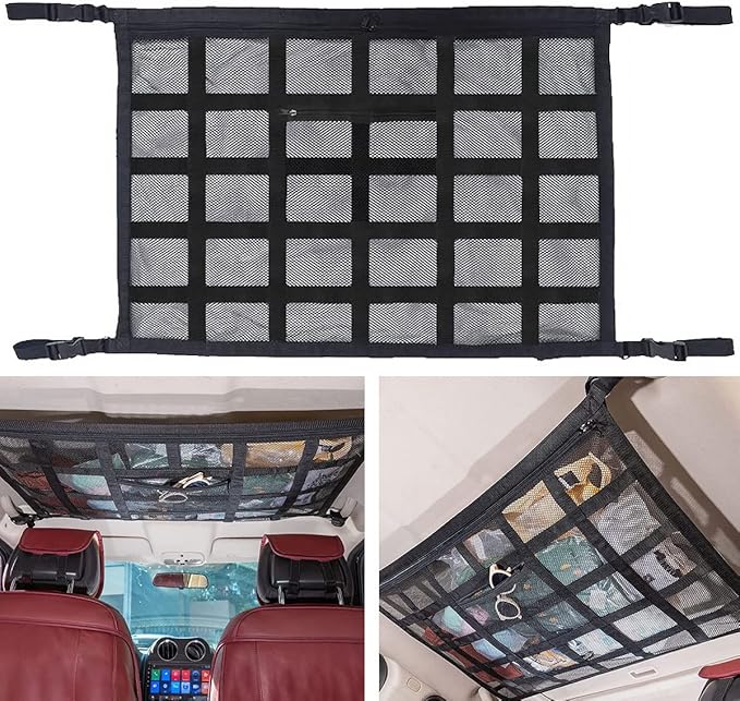 Car Ceiling Cargo Net Strong Load-Bearing Mesh Car Roof Storage Organizer Large Capacity Space Saving Car Ceiling Net Storage Bag Car Interior Accessories for SUV Truck Van