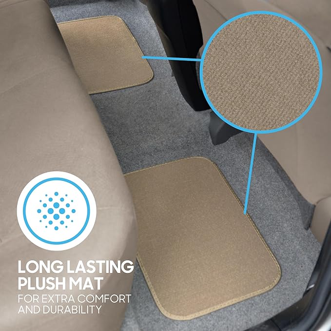 BDK Premium Medium Beige Carpet Floor Mats for Cars - Universal Fit Interior 4-Piece Car Mats Full Set with Vinyl Heel Pad Protector - Cute Car Accessories Interior Floor Covers for SUVs & Trucks
