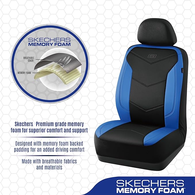 Skechers Memory Foam Seat Covers,Leather Car Seat Covers, Ultimate Comfort & Support Front Seat Covers Airbag Compatible, Automotive Universal Fit Most for SUVs, Vans, Sedans, Cars, Trucks,Blue