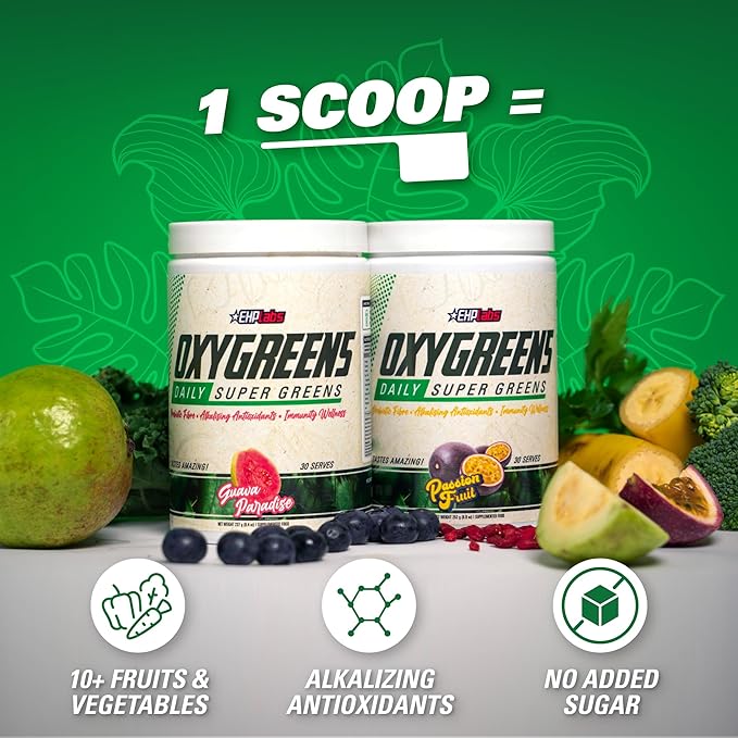 EHP Labs OxyGreens Super Greens Powder - Spirulina & Chlorella Superfood, Green Juice Powder & Greens Supplements with Prebiotic Fibre, Antioxidants & Immunity Support, 30 Serves (Passionfruit)