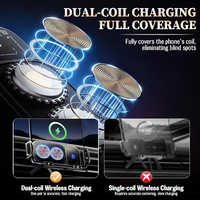 FunApricity Wireless Charging Rotating Car Mount,High Intelligent 2 in 1 Auto Rotating Phone Holder,Car Charger Fast Charging, One-Click Auto-Rotating & Clamping for Smartphone/Pad/Foldable Phone