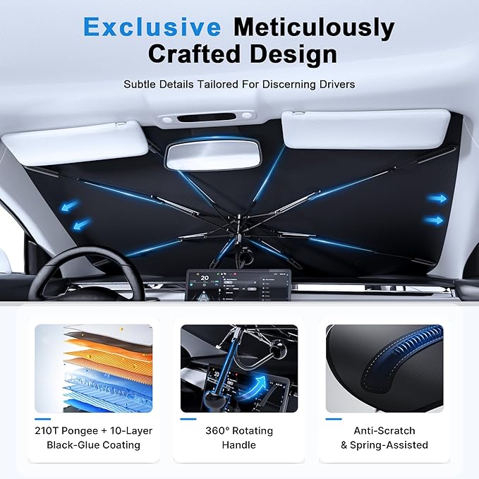PEMOTech 2026 Upgraded Versatile Car Umbrella Windshield Sun Shade for Sedan/SUV | Keep Cool & Protect Interior | Reliable UV Blocker&Heat Shield | Car Window Shades | Large (57"x32")