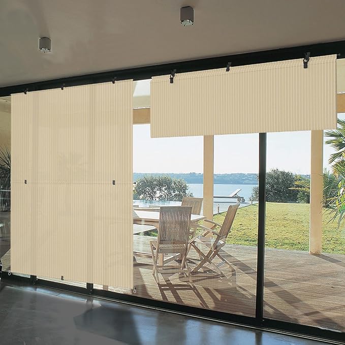Bynbbur 4'W x 5.5'H Outdoor Patio Shades Foldable Roller Blinds, 220 GSM Sun Shade Roll Up Porch Screens Exterior Shade Cloth for Deck Pergola Backyard, Beige