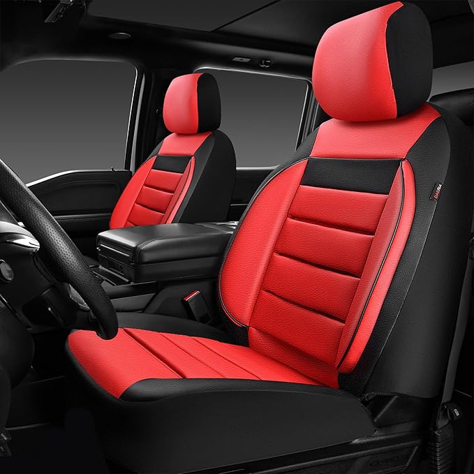 CAR PASS Leather Car Seat Covers Front Seats Only, Universal Fit Automotive Interior Waterproof 3D Foam Back Support Car Seat Covers for Trucks Vans and SUVs Airbag Compatible 2 Pieces （Black Red